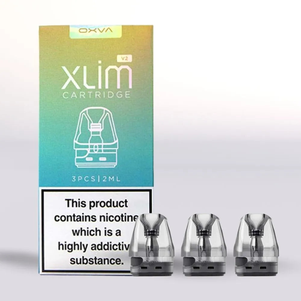 OXVA Xlim cartridge packaging with three cartridges on a white background