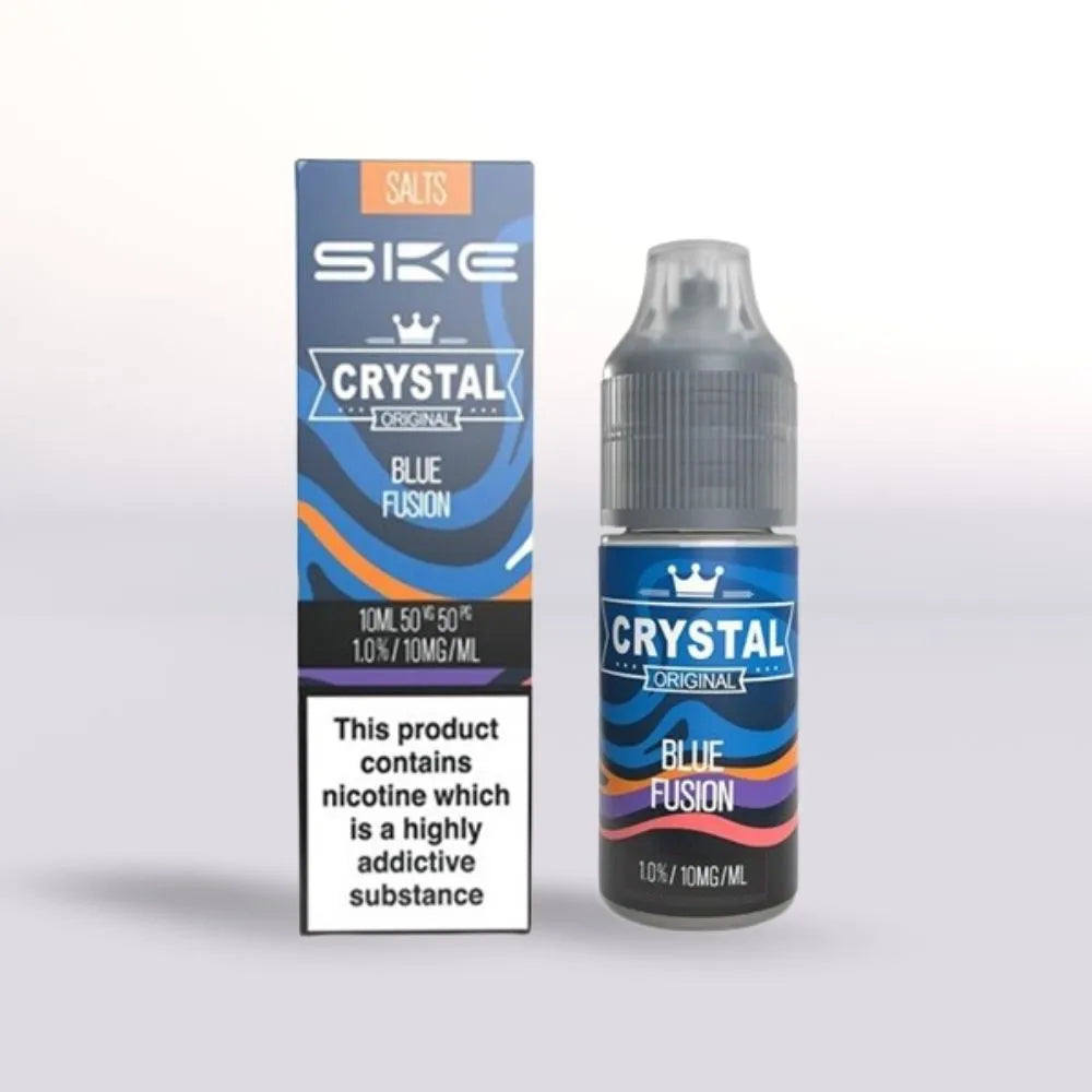 SKE Crystal Blue Fusion 10mg nicotine salt vape juice 10ml bottle and packaging on a white background