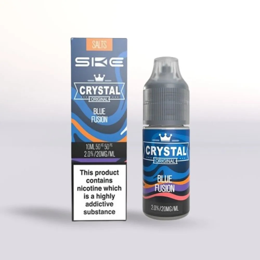 SKE Crystal 20mg nicotine salt  Blue Fusion vape juice 10ml bottle and packaging on a white background