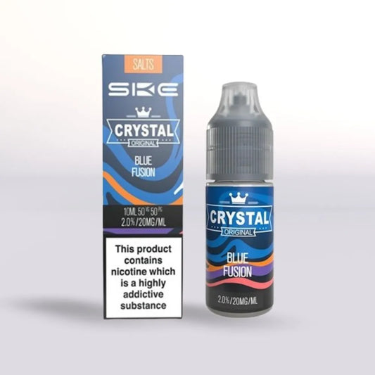 
SKE Crystal 20mg nicotine salt  Blue Fusion vape juice 10ml bottle and packaging on a white background
