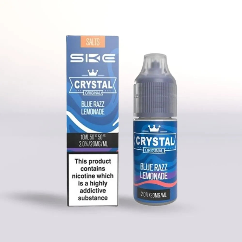SKE Crystal Nicotine salts 20mg Blue Razz Lemonade vape juice 10ml bottle and packaging on a white background