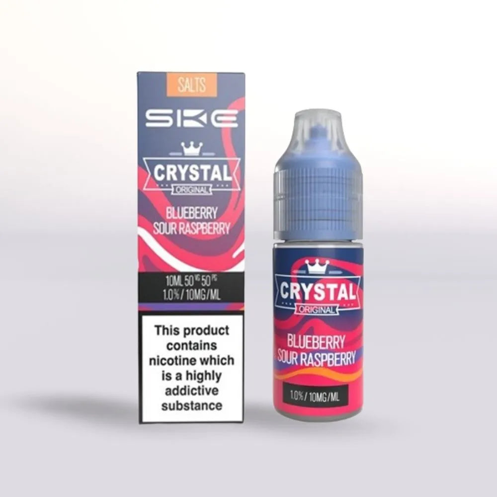 SKE Crystal Blueberry Sour Raspberry 10mg nicotine salt vape juice 10ml bottle and packaging on a white background