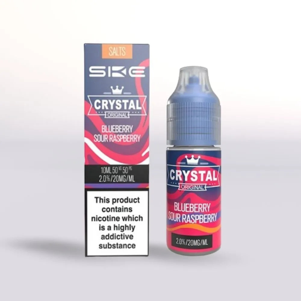 SKE Crystal Blueberry Sour Raspberry 20mg nicotine salt vape juice 10ml bottle and packaging on a white background