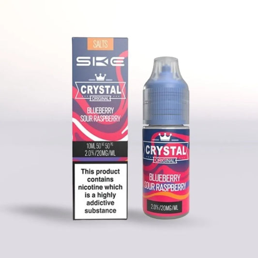 
SKE Crystal Blueberry Sour Raspberry 20mg nicotine salt vape juice 10ml bottle and packaging on a white background