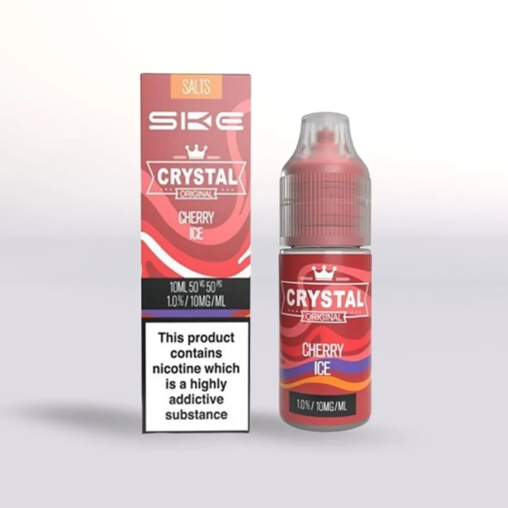 SKE Crystal cherry ice 10mg nicotine salt e-liquid 10ml bottle and packaging on a white background