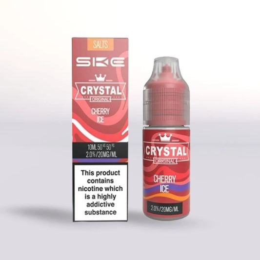 
SKE Crystal Cherry Ice 20mg nicotine salt vape juice 10ml bottle and packaging on a white background