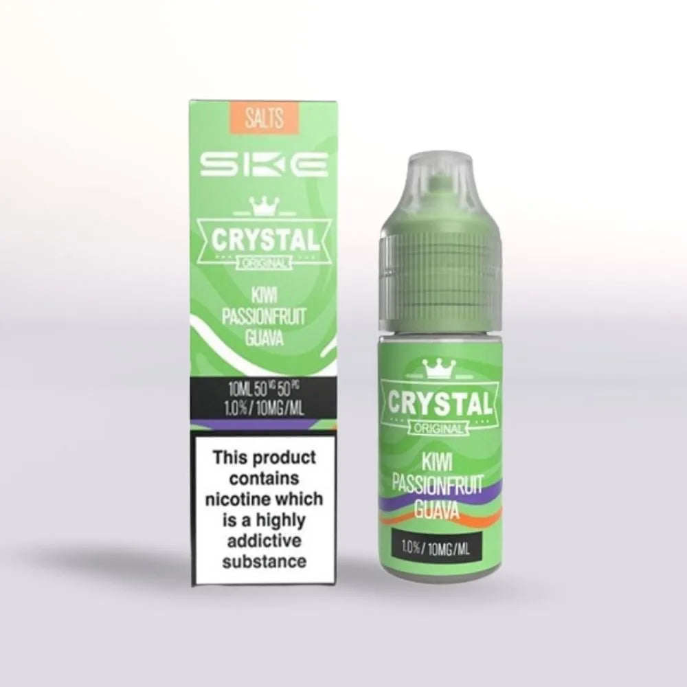 Crystal Kiwi Passionfruit Guava 10mg nicotine salt vape juice 10ml bottle and packaging on a white background