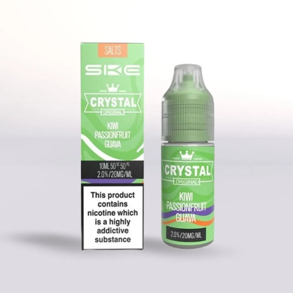 Crystal kiwi passionfruit guava 20mg nicotine salt vape juice 10ml bottle and packaging on a white background