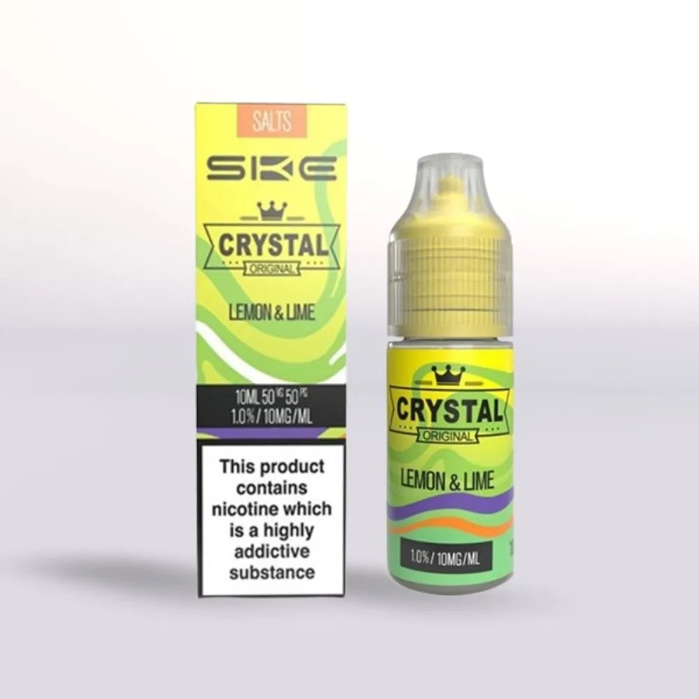 SKE Crystal Lemon & Lime 10mg nicotine salt vape juice 10ml bottle and packaging on a white background