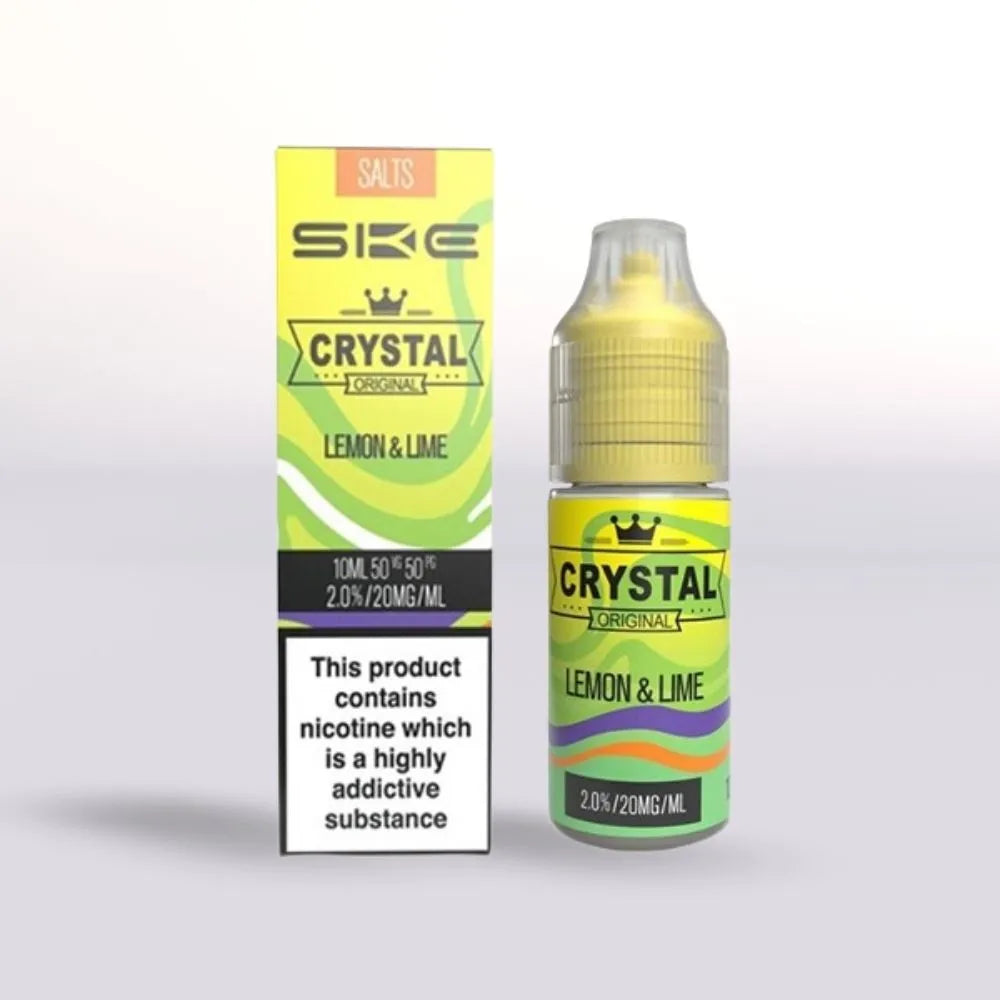 SKE Crystal Lemon & Lime 20mg nicotine salt vape juice 10ml bottle and packaging on a white background