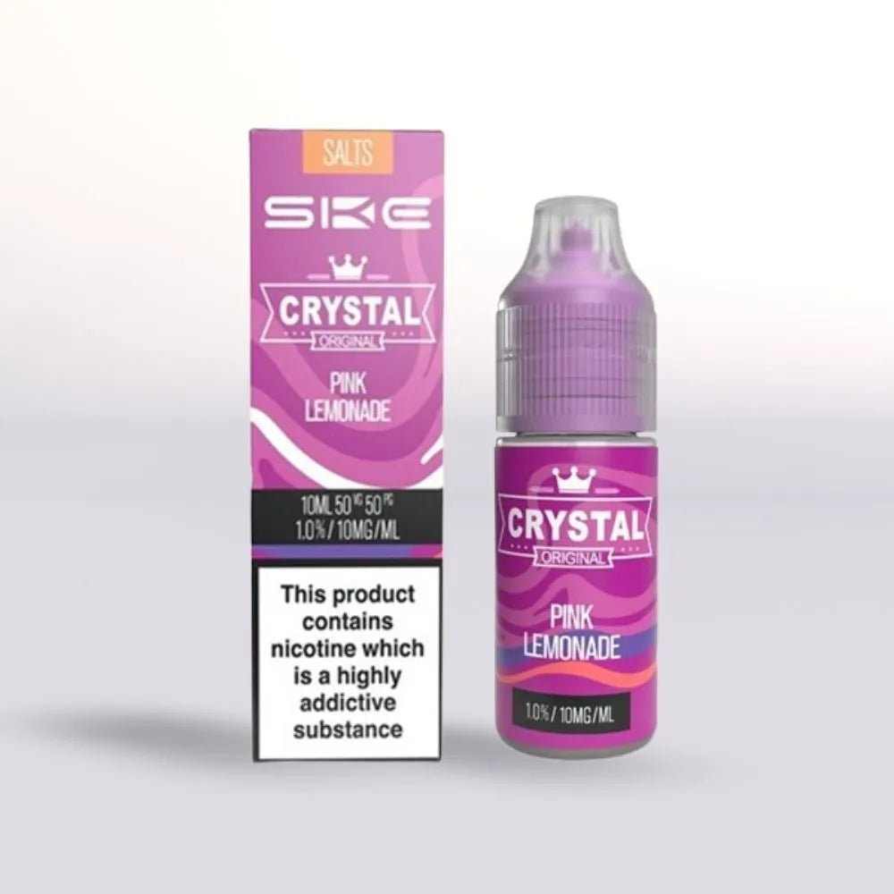 SKE Crystal Pink Lemonade 10mg nicotine salt vape juice 10ml bottle and packaging on a white background