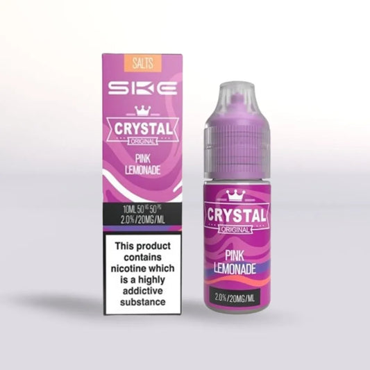 
Crystal Pink Lemonade 20mg nicotine salt vape juice 10ml bottle and packaging on a white background