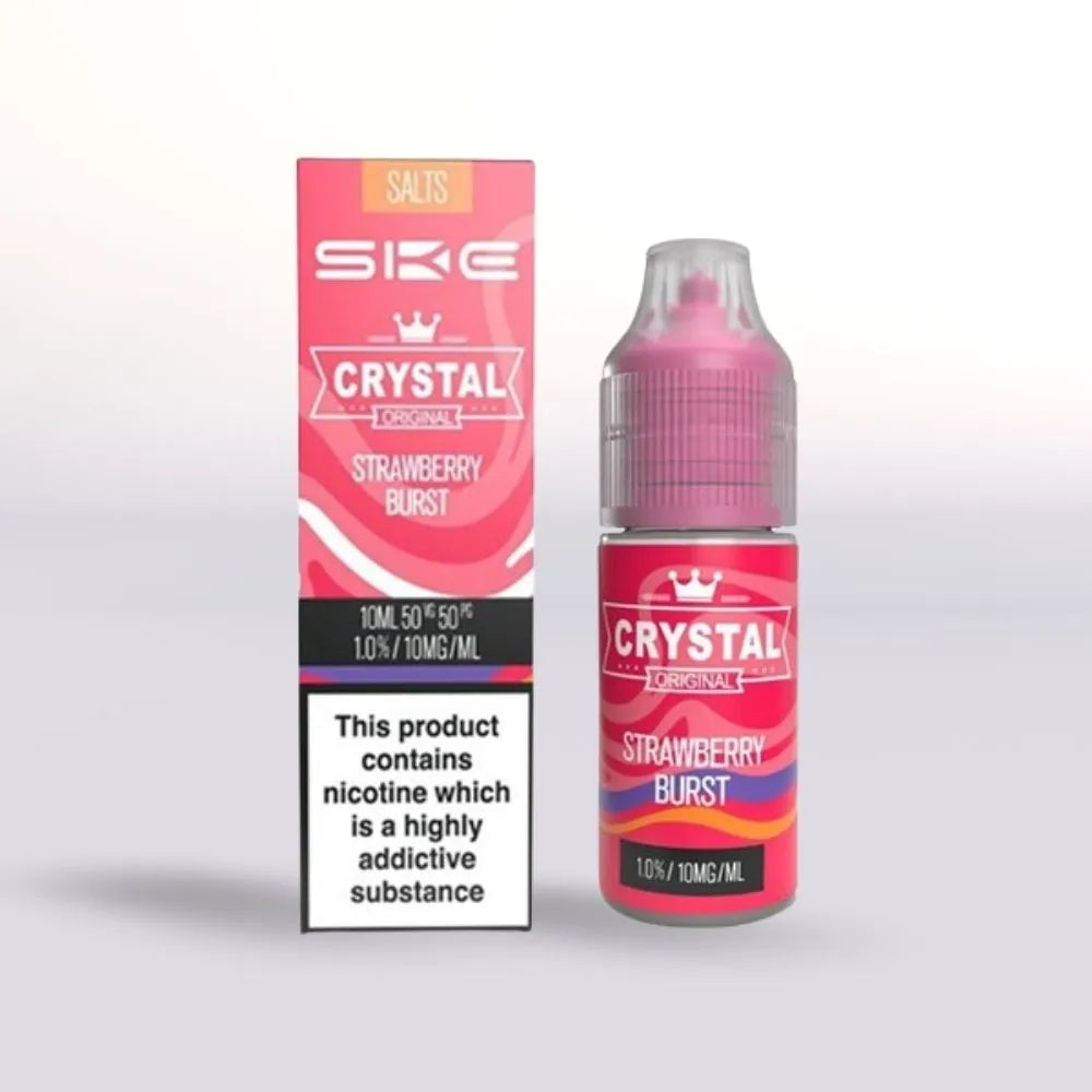 SKE Crystal Strawberry Burst 10mg nicotine salt e-liquid 10ml bottle and packaging on a white background