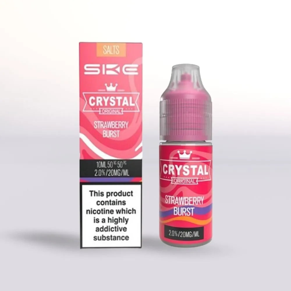 SKE Crystal Strawberry Burst 20mg nicotine salt e-liquid 10ml bottle and packaging on a white background