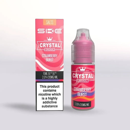 
SKE Crystal Strawberry Burst 20mg nicotine salt e-liquid 10ml bottle and packaging on a white background