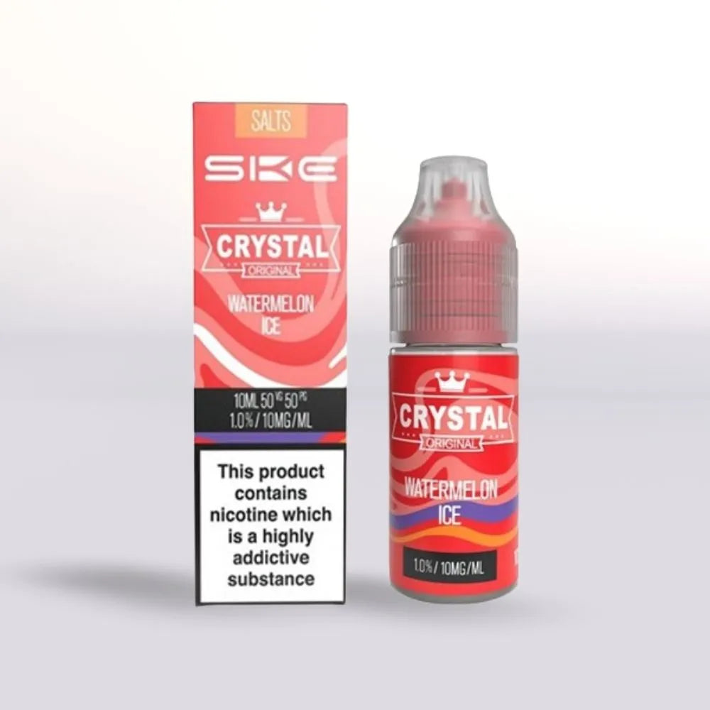 SKE Crystal Watermelon Ice 10mg nicotine salt vape juice 10ml bottle and packaging on a white background