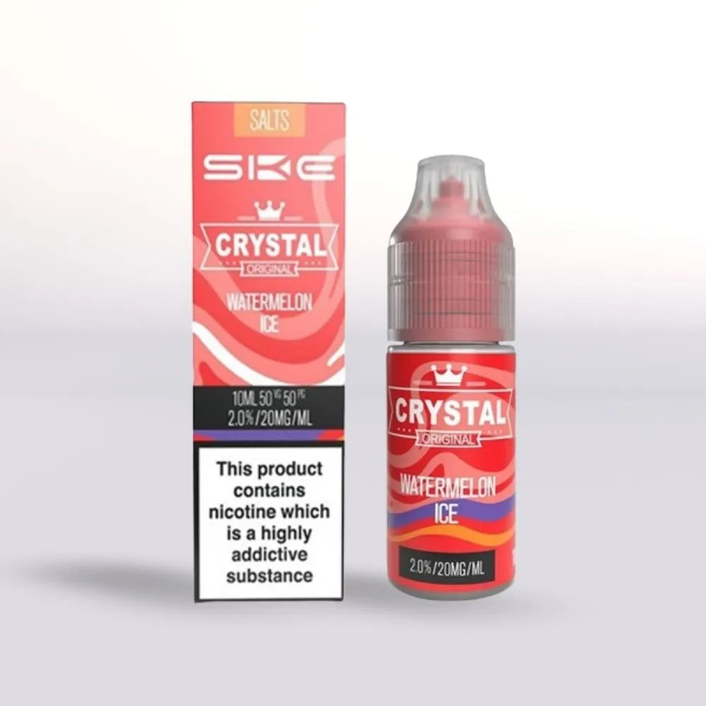 
SKE Crystal Watermelon Ice 20mg nicotine salt vape juice 10ml bottle and packaging on a white background