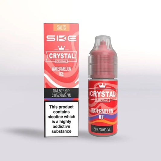 
SKE Crystal Watermelon Ice 20mg nicotine salt vape juice 10ml bottle and packaging on a white background