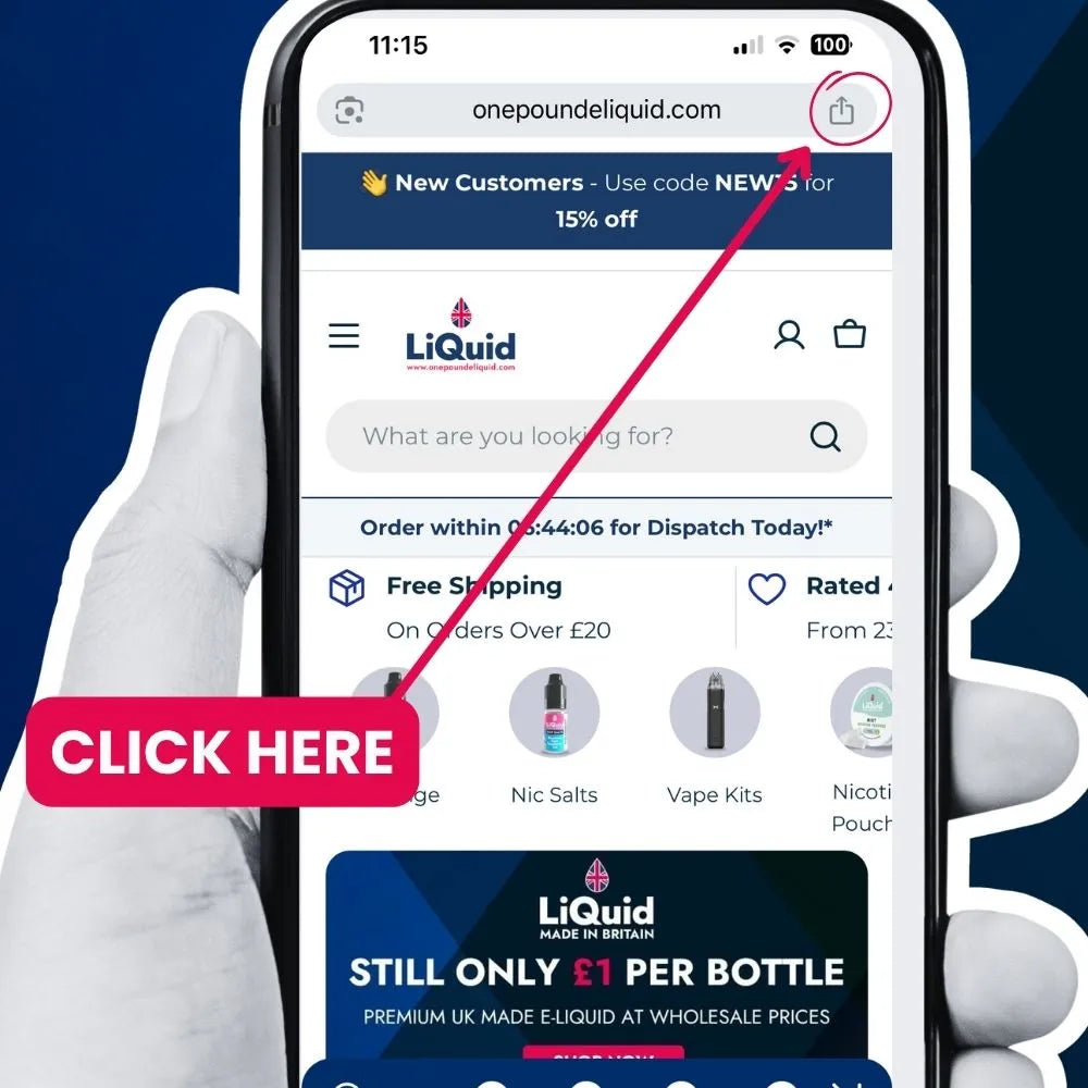 Phone displaying the LiQuid website with a hand pointing to a 'Click Here' button.