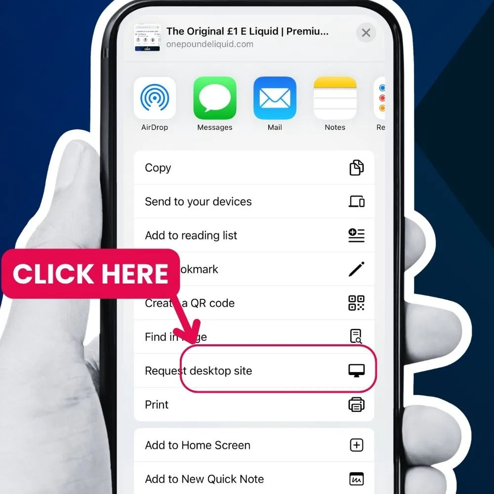 Hand holding a smartphone with a browser open to a website, showing a 'Request desktop site' option.