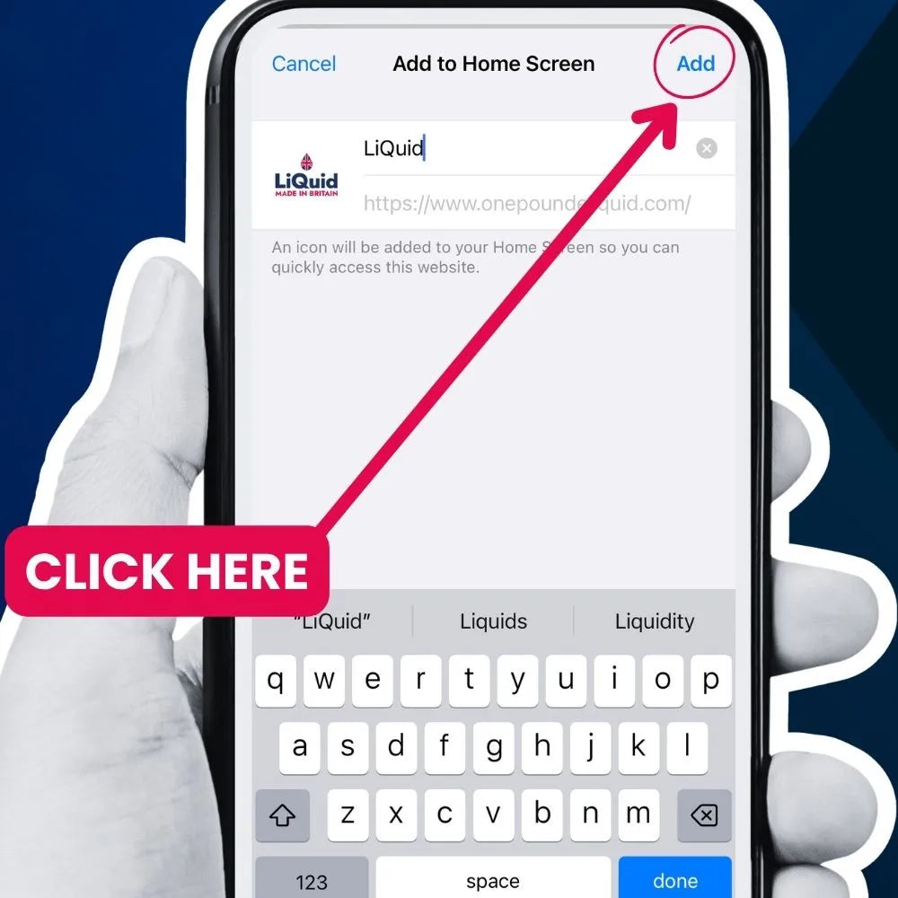 Phone screen showing 'Add to Home Screen' for LIQuid website with a hand holding the phone.