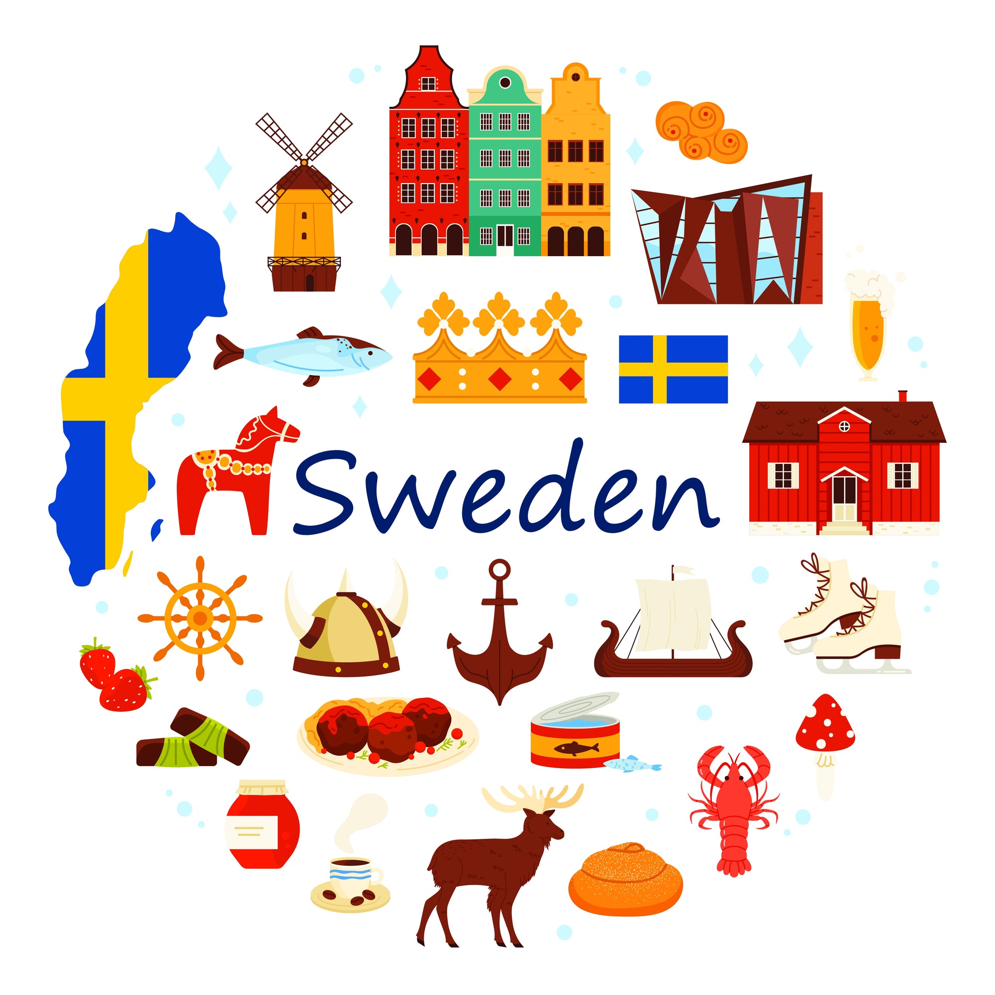 A cartoon depicting Swedish cultures and delicacies