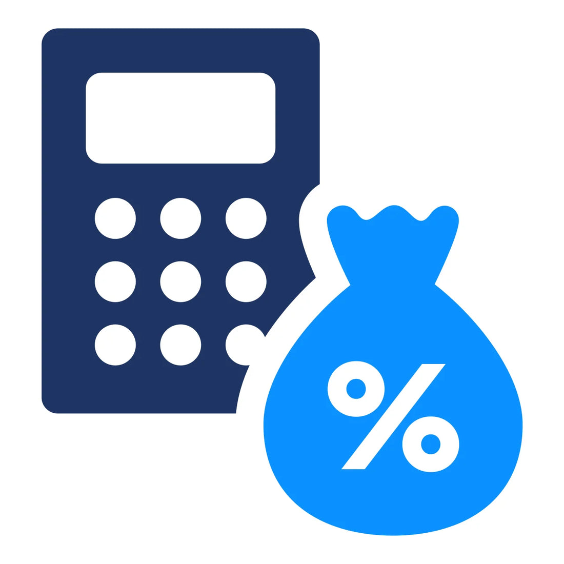 Blue calculator and blue bag with percentage symbol on a white background