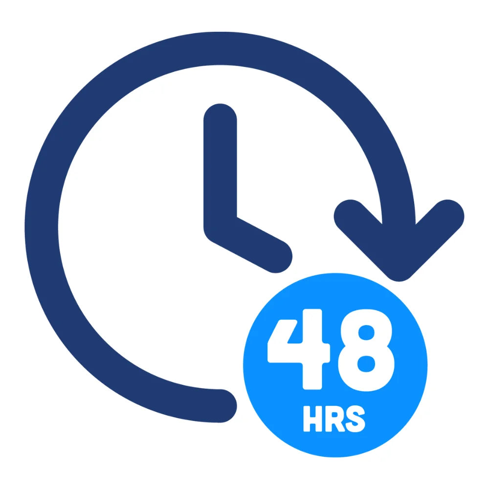 Clock icon with a blue circle and '48 HRS' text on a white background
