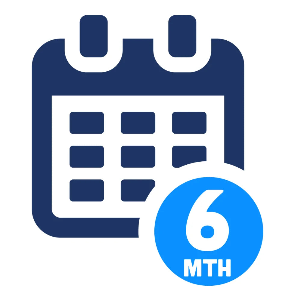 Blue calendar icon with a blue circle labeled '6 MTH' on a white background