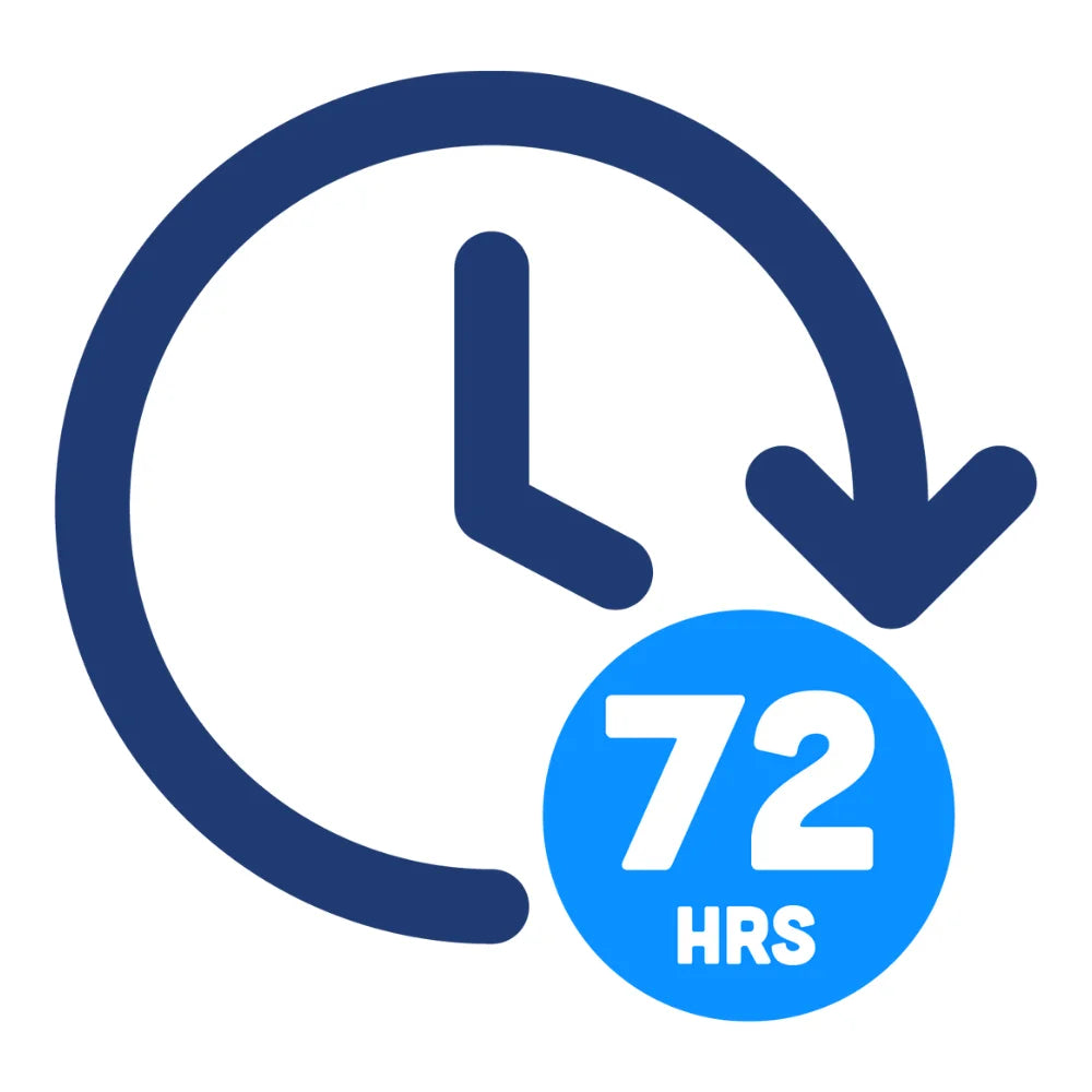 Clock icon with a blue circle and '72 HRS' text on a white background