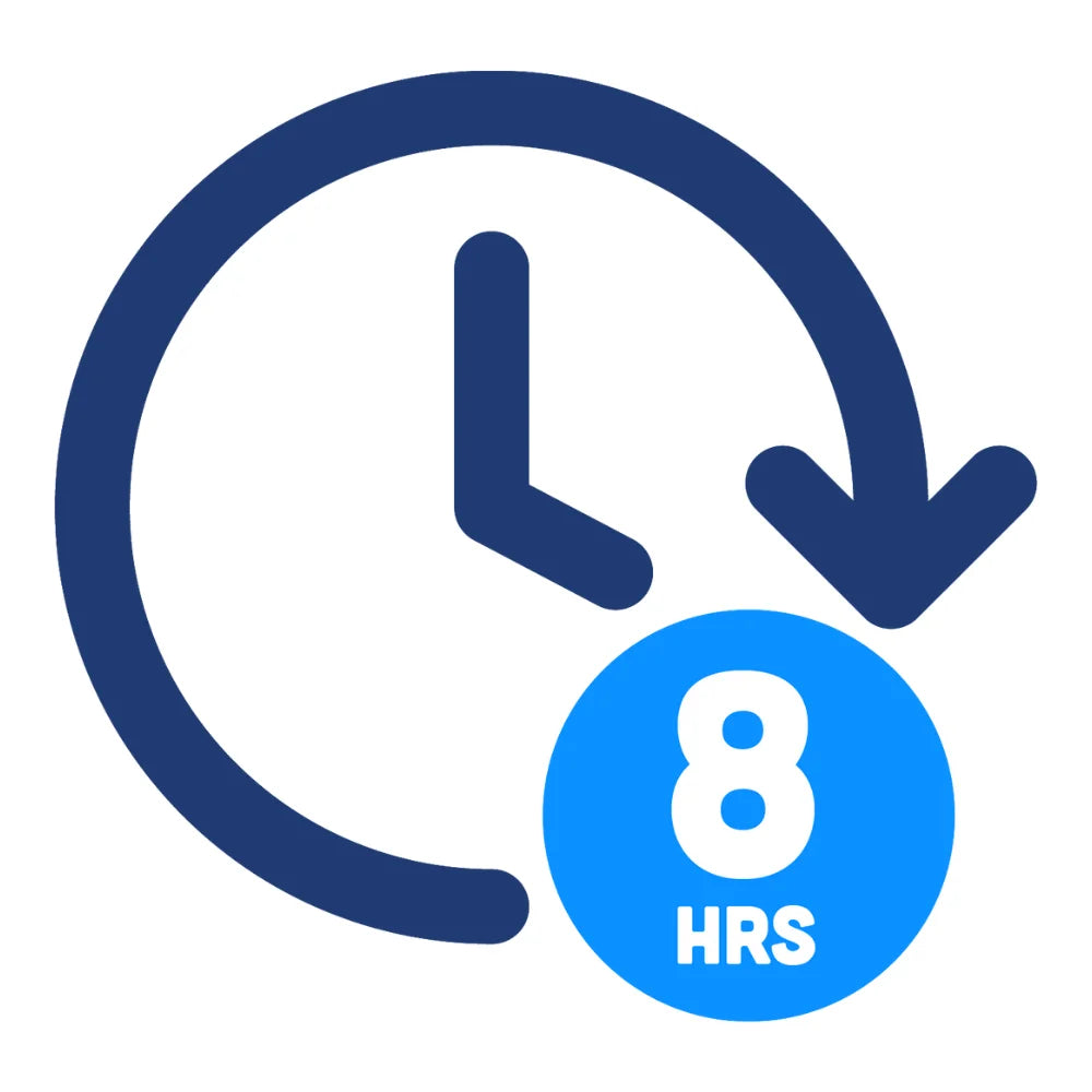 Clock icon with an arrow and '8 HRS' text on a white background