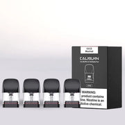 Four black Caliburn G3 Refillable vape pods and their packaging on a white background
