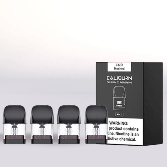 
Four black Caliburn G3 Refillable vape pods and their packaging on a white background