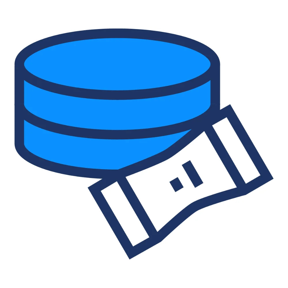 Blue icon of a database with a belt around it on a white background