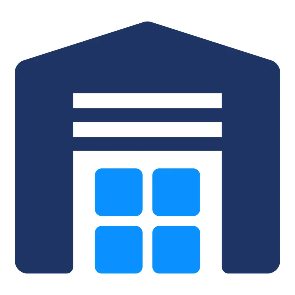 Blue icon of a building with a flat roof and four windows on a white background