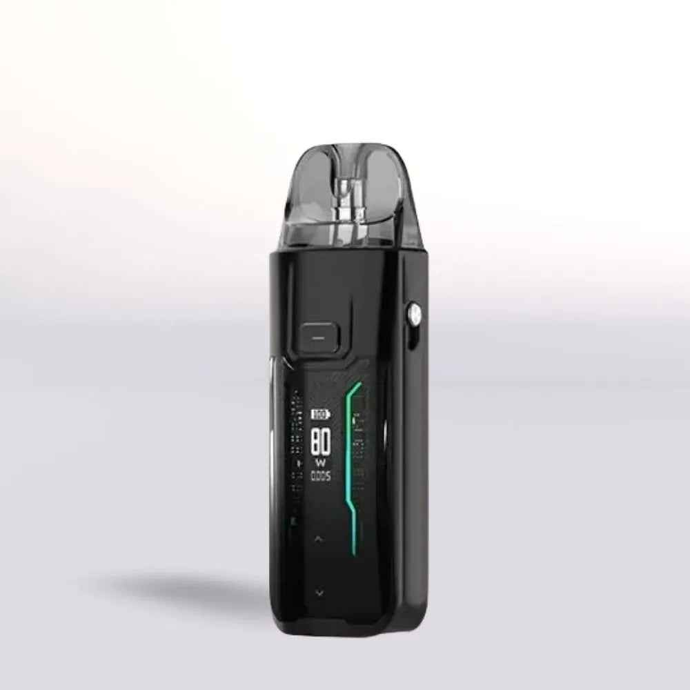 Black Vaporesso Luxe XR Max Vape device with digital display on a light gray background