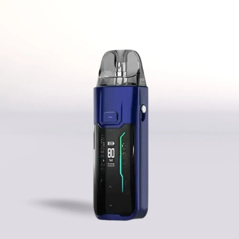 Vaporesso Luxe XR Max Blue Vape device with digital display on a light gray background