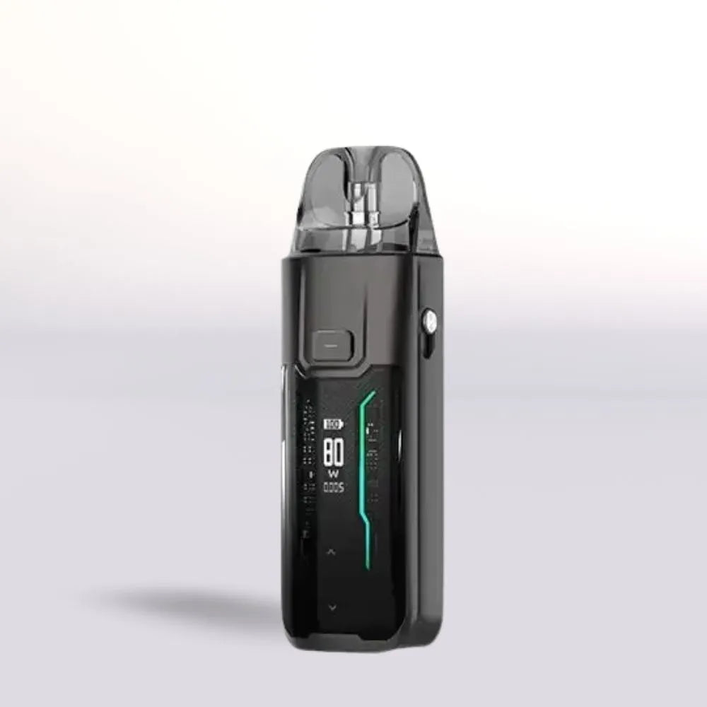 Grey Vaporesso Luxe XR Max Vape device with digital display on a light grey background