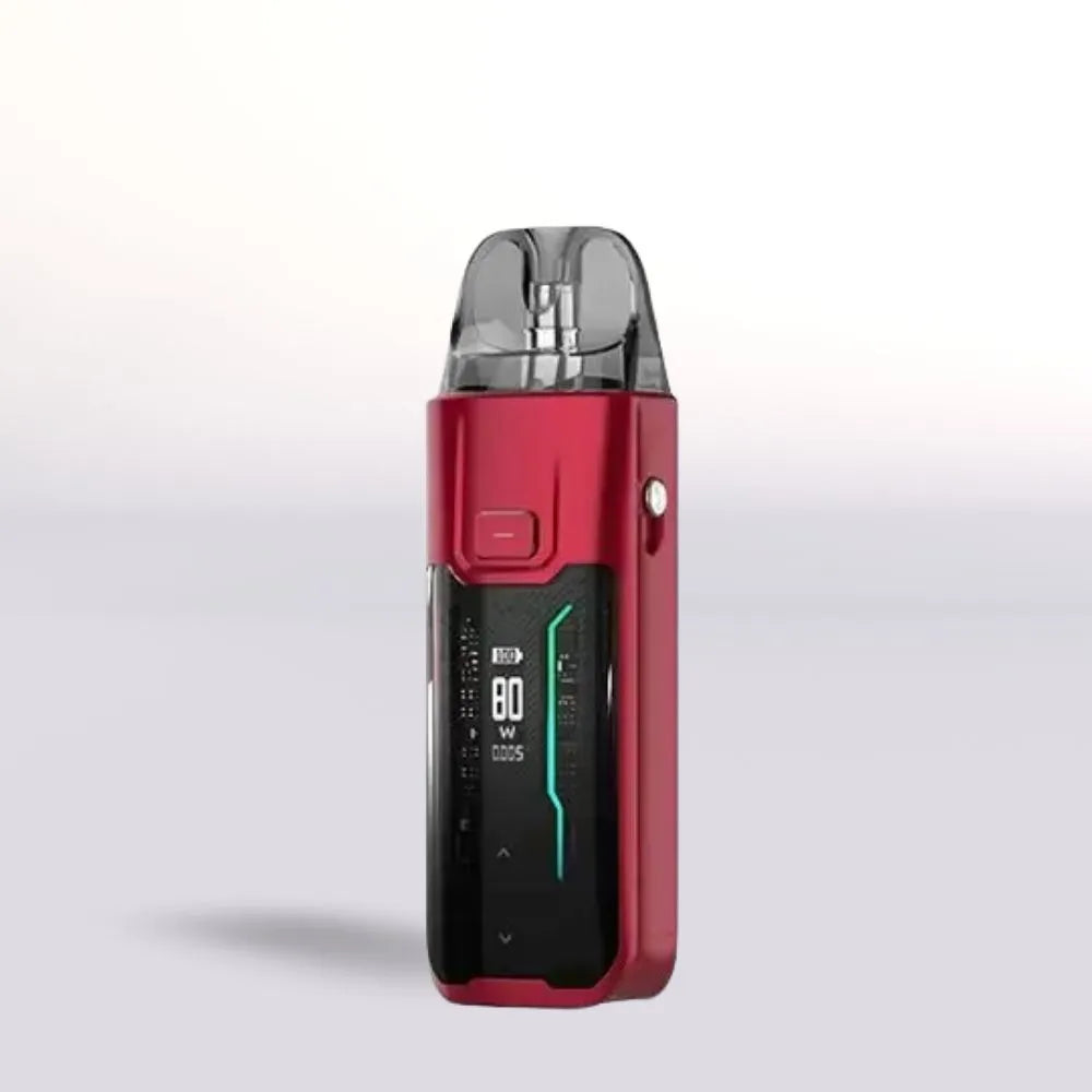 Red Vaporesso Luxe XR Max Vape device with digital display on a light gray background
