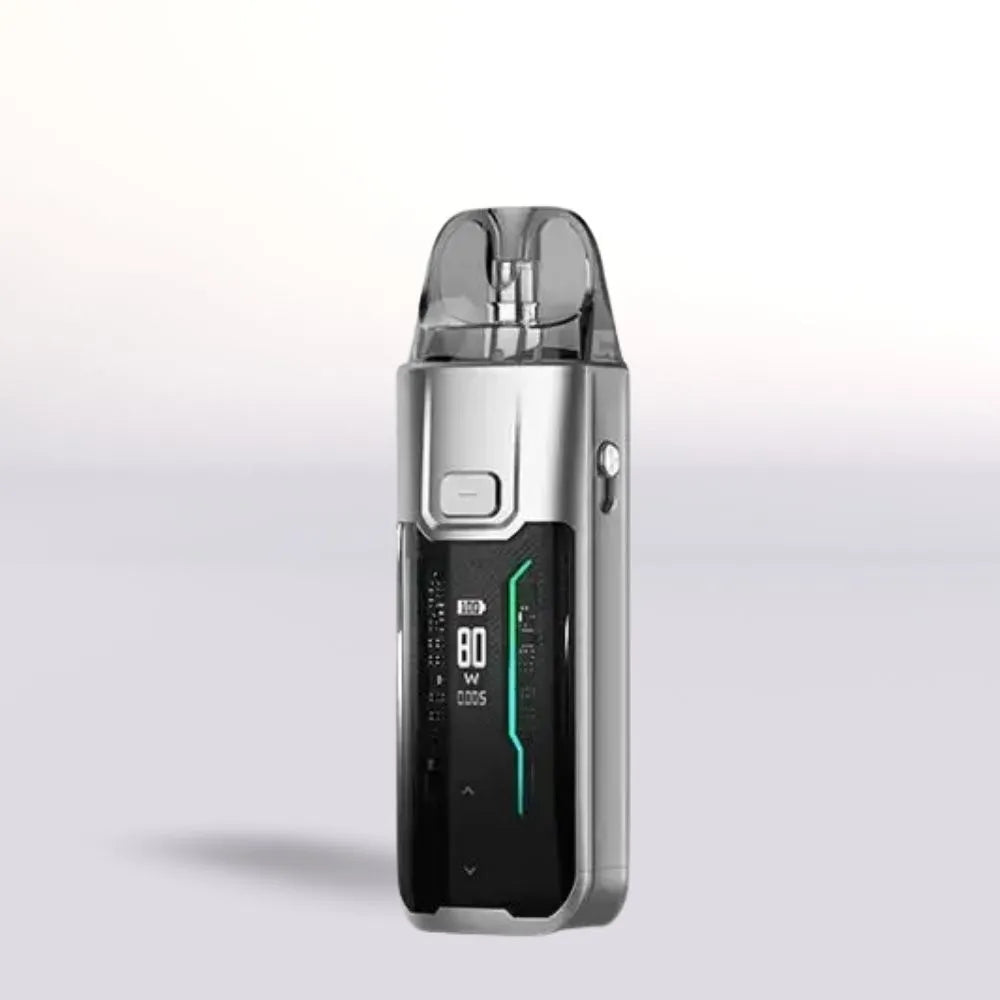 Vaporesso Luxe XR Max Silver device with digital display on a light gray background