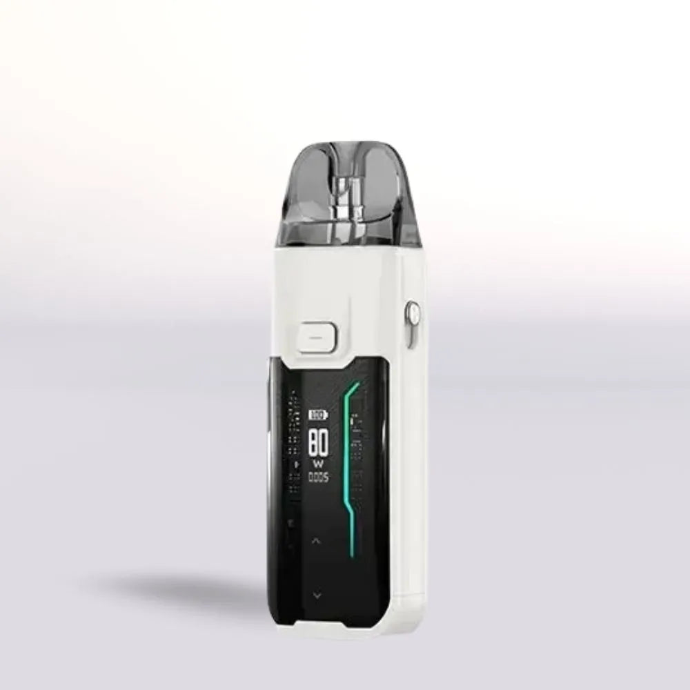Vaporesso Luxe XR Max White Vape device with digital display on a light gray background