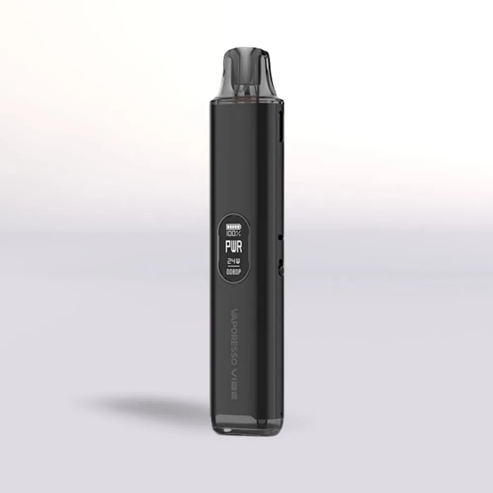 
Black Vaporesso Vibe Pod vape device on a light gray background