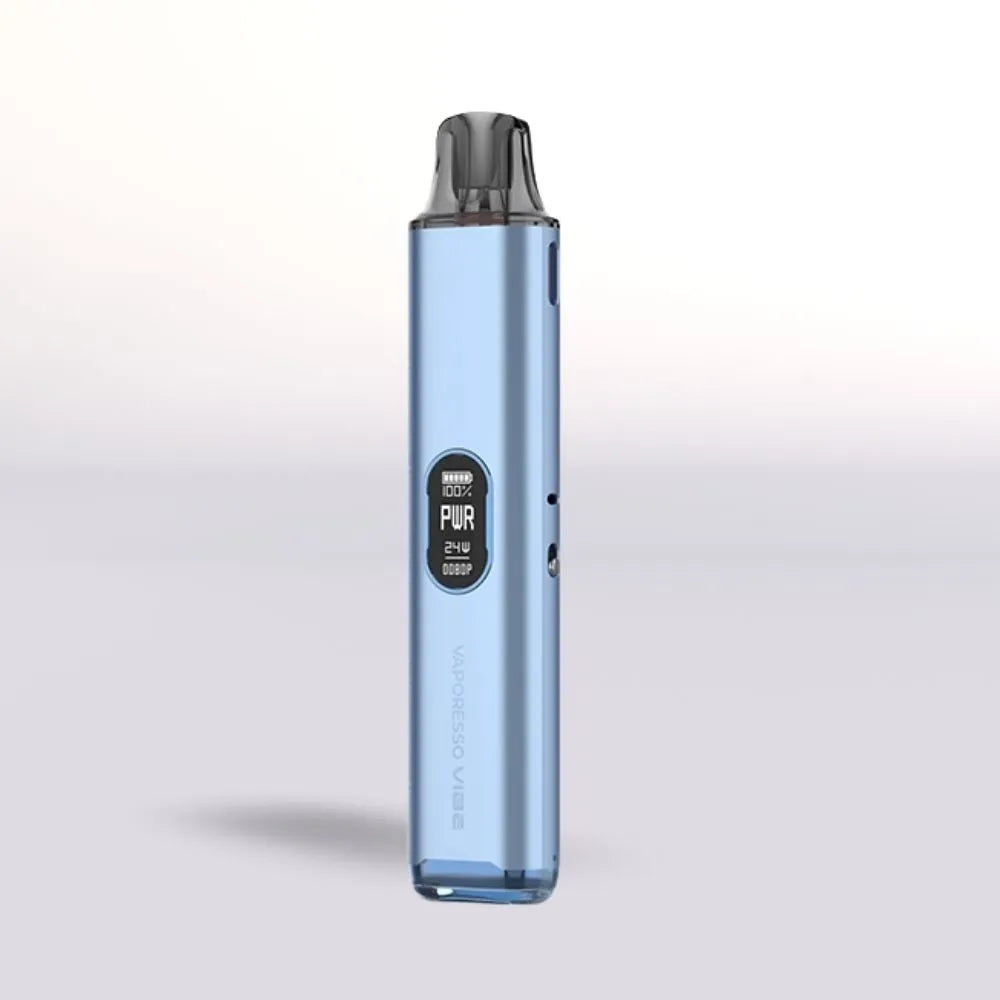 
Blue Vaporesso Vibe Pod Vape kit with a digital display on a light gray background