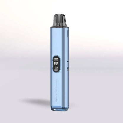 
Blue Vaporesso Vibe Pod Vape kit with a digital display on a light gray background