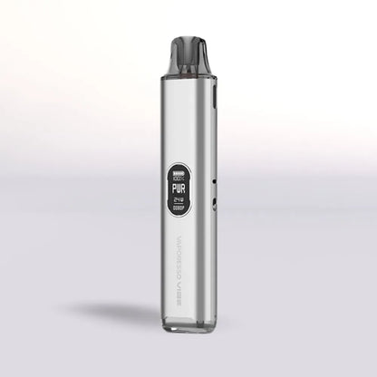 
Silver Vaporesso Vibe Pod vape device with digital display on a light gray background