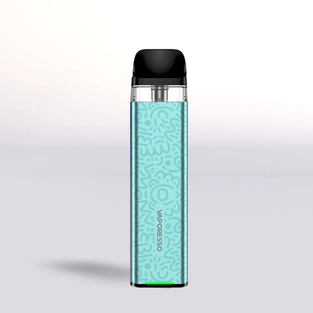 Vaporesso Xros 3 Mini Aqua Green vape device with a turquoise body on a light gray background