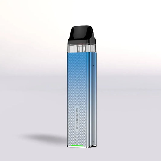 
Blue Vaporesso Xros 3 Mini vape device with black top on a light gray background