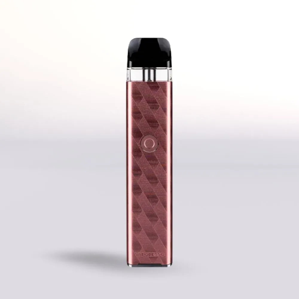 
Peach Pink Vaporesso Xros 3 vape device with black top on a light gray background