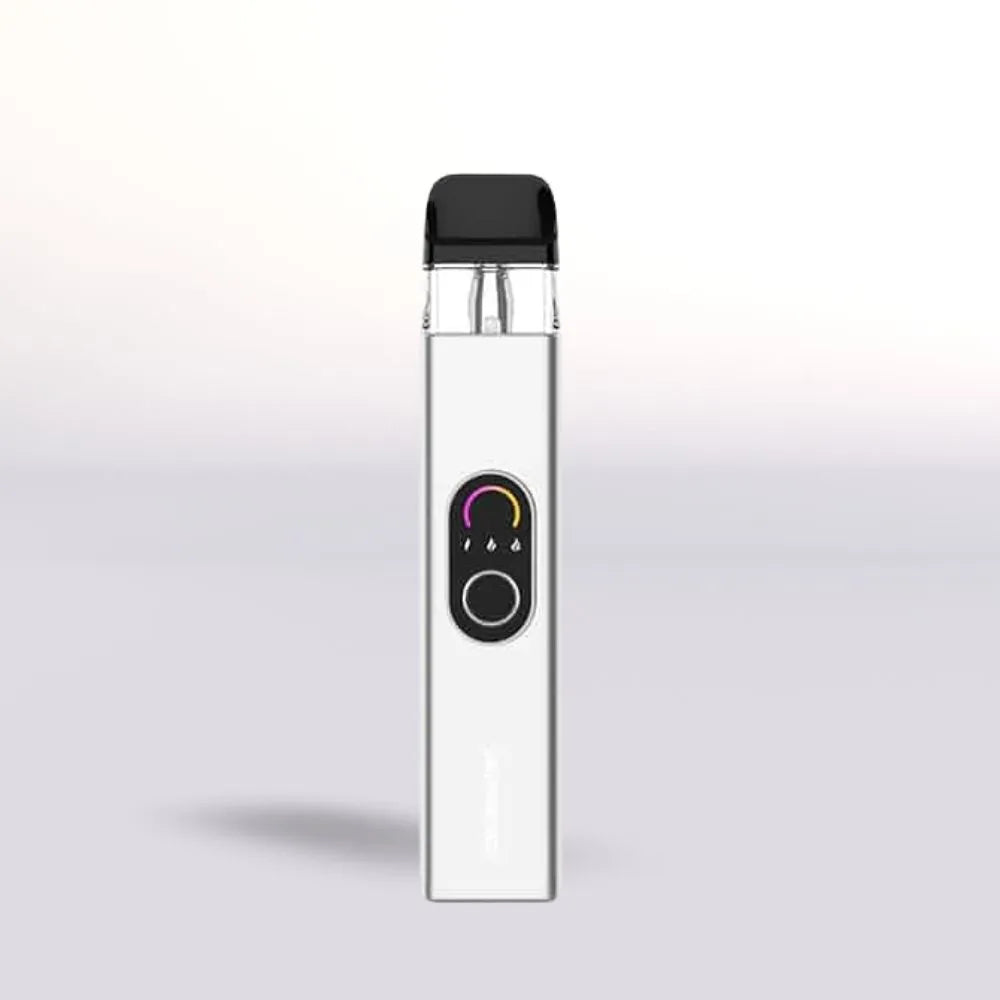 Vaporesso Xros 4 Silver Vape device with black top and button on a light gray background