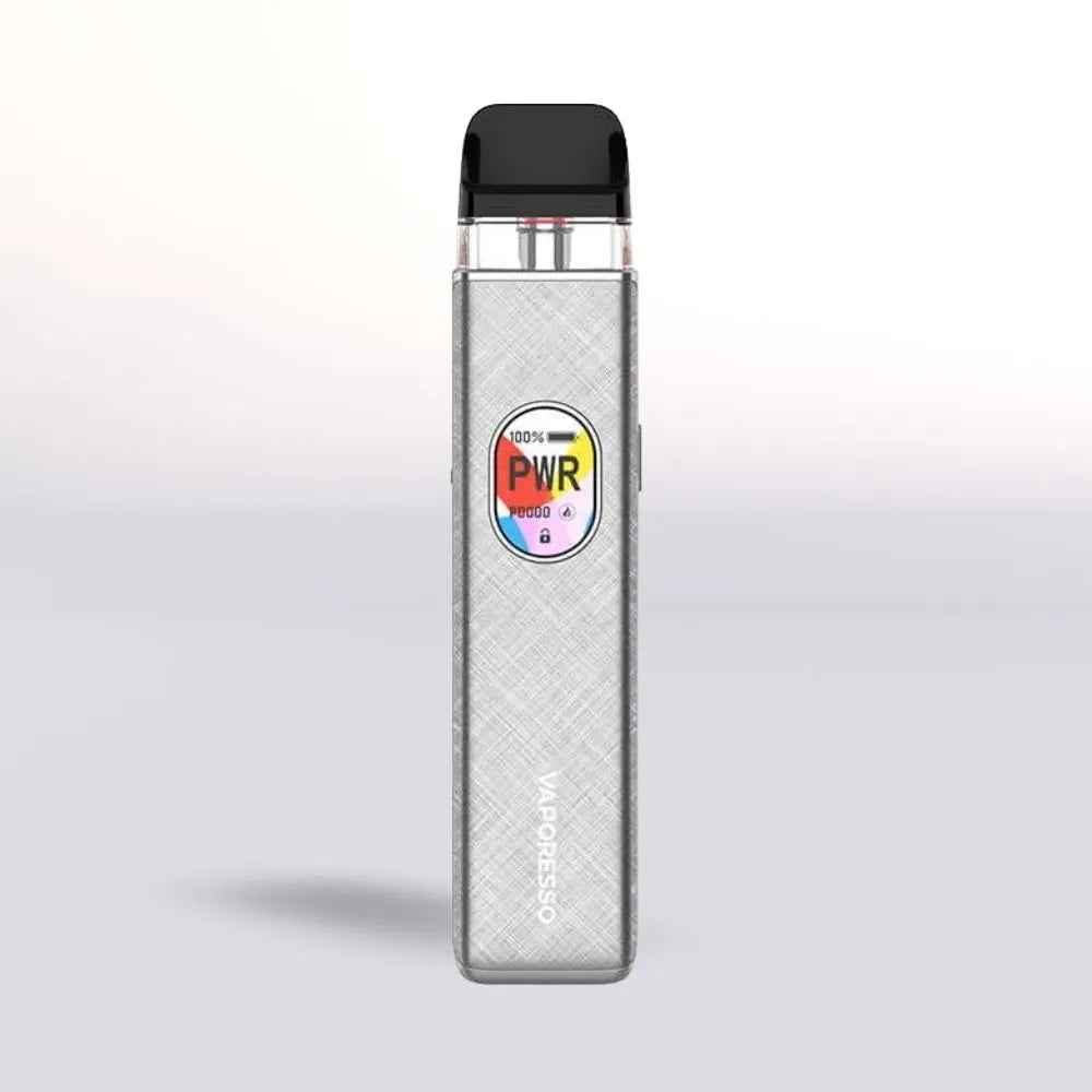 sgrey silk Vaporesso Xros 5 vape device on a light gray background
